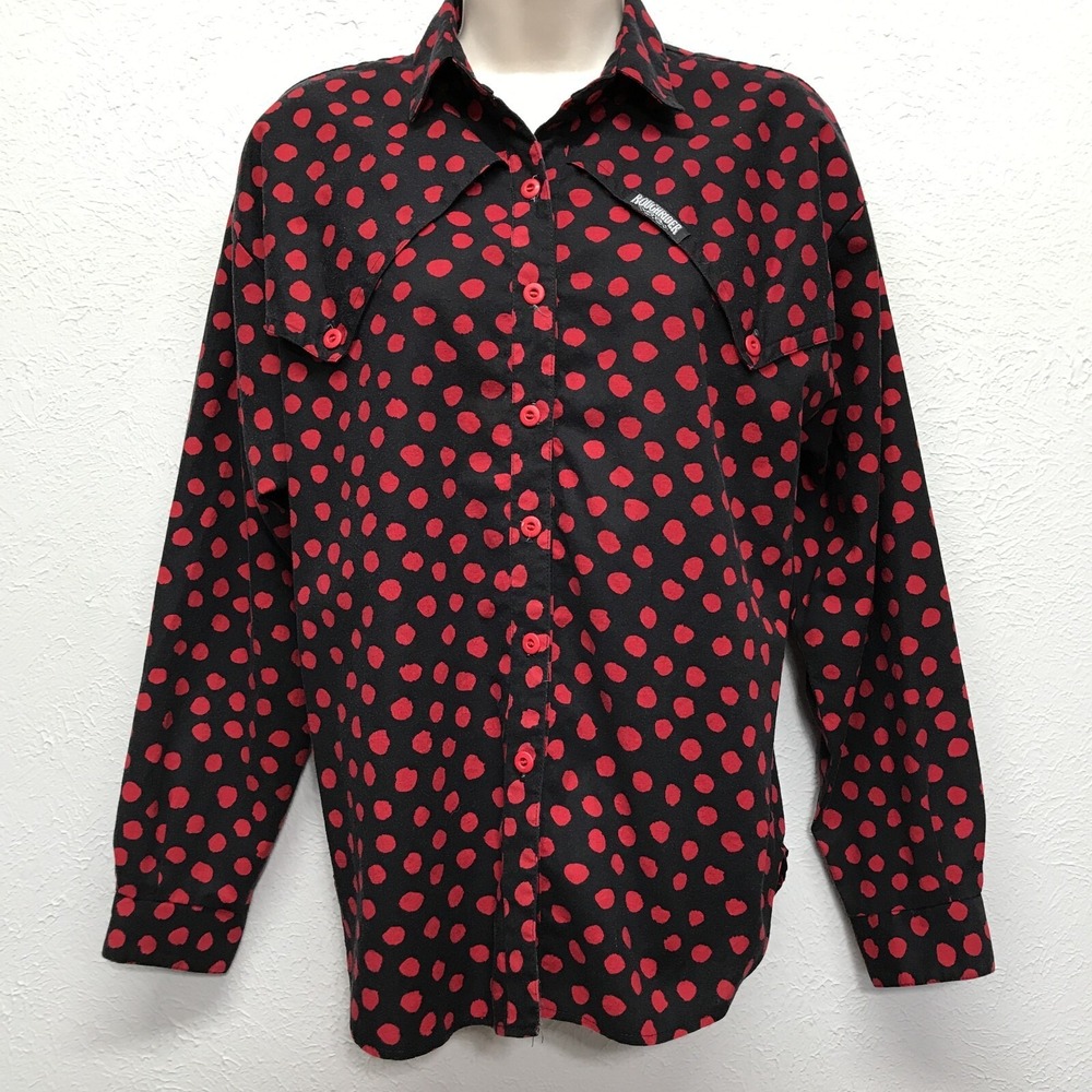 Roughrider Circle T Western Shirt Womens M Black & Red Dots Cotton Vintage USA